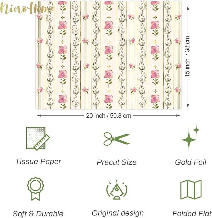 NICROHOME EUR 24 Sheets Floral Tissue Paper, Sage Green and Pink Small Tissue Wrapping Paper for Gift Bags, Birthday, Wedding, Flower Bouquet, Bridal Shower, Christmas Gift Tissue Paper 15x20Inch