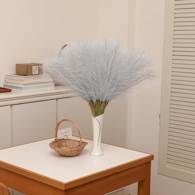 Faux Silver Pampas Grass - 30pcs 24 Inch Short Artificial Pampas Grass Decor, Fake Pompas Floral for Vase Filler, Wedding Flower Arrangement, Party and Home Decor (Silver, 30 Pieces)