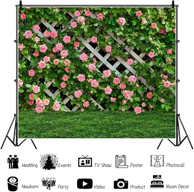 5x3ft Pink Rose Wall Background Flowers Green Leaf Photography Backdrop Girls Princess Birthday Baby Shower Wedding Cake Table Decoration Banner