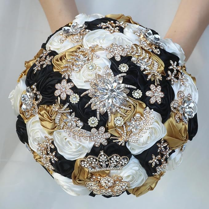 Handmade Satin Rose Floral Bling Pearl Decor Bridal Wedding Bouquet Rhinestone Pendant Artificial Brooch Flowers for Bride Bridesmaid Quinceanera