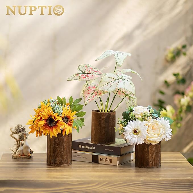 NUPTIO Wood Vases Rustic Centerpiece: 2 Pcs 5.1" Wooden Vase for Home Decor - Brown Small Vase for Wedding Table Living Room Shelf Decor