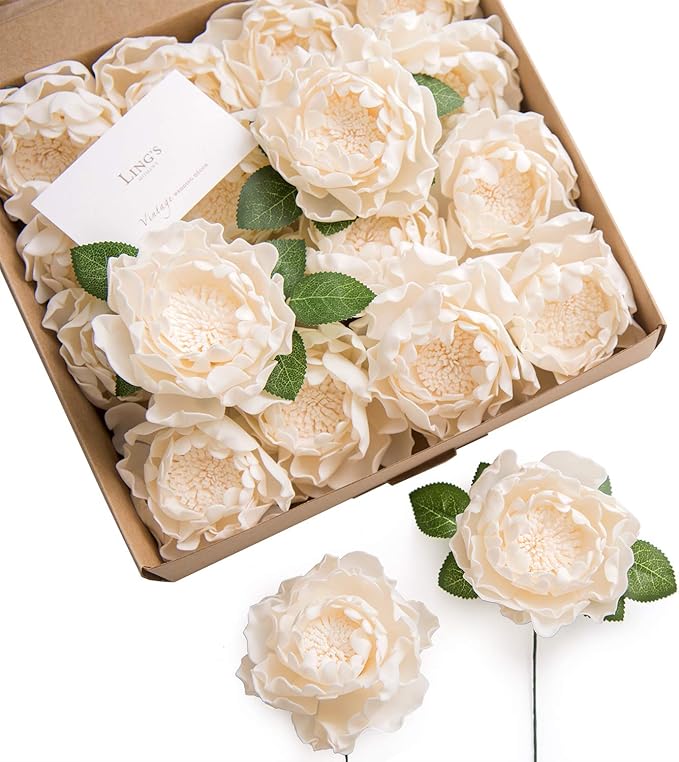 Ling's moment Flowers 16pcs Cream Blooming Peonies Artificial Flowers with Stem, Artificial Peony Flowers for DIY Wedding Decorations Centerpieces Bouquets Boutonnieres