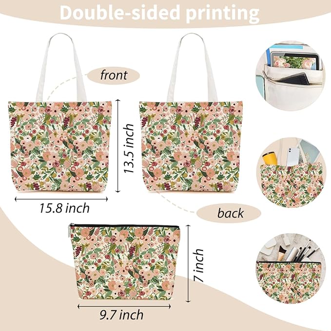 Aesthetic Floral Tote Bag Makeup Bag Flower Decor Gifts for Girls Christmas Shopping Grocery Bags Cosmetic Bags