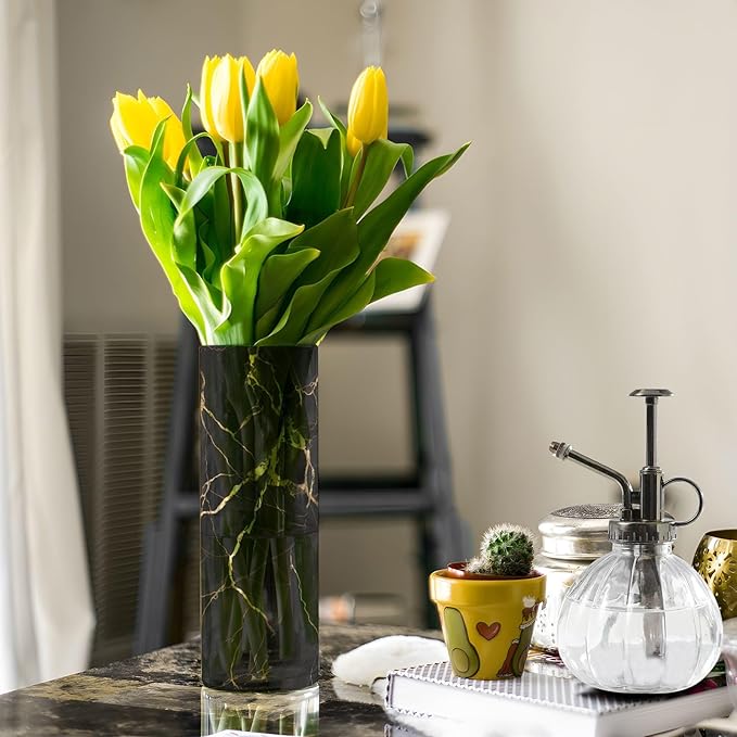 Flower Vase for Centerpieces, Black Gold Marble Print Plastic Cylinder Vase, Clear Bud Vases for Home Wedding Office Table Decor