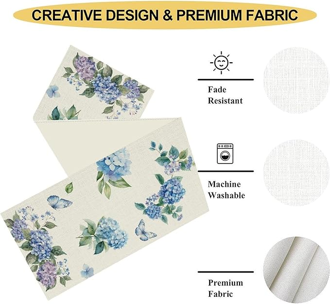 Blue Floral Table Runner, Spring Summer Watercolor Hydrangea Flower Butterfly Country Farmhouse Coffee Table Center Decor for Home Kitchen Dining Patio Holiday Party Table Decorations 13x72 inches