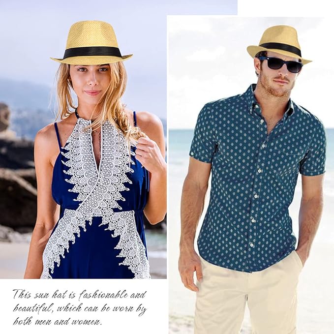 FADACHY Summer Straw Fedora Hat Short Brim Panama Sun Hat Trilby Beach Hat for Men & Women