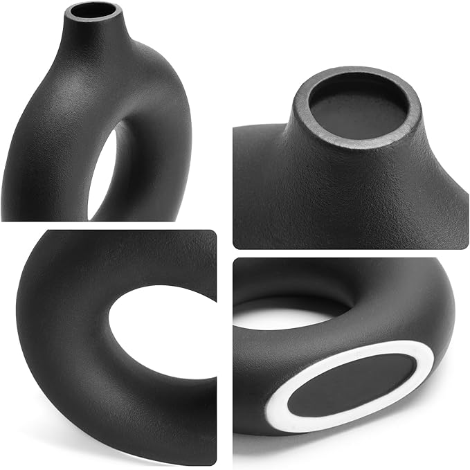 Black Doughnut Vase, Modern Minimalist Hollow Ceramic Vase for Pampas Grass, Dried Flowers, Farmhouse Bohemian Style, 5.7 Inch Small Flower Vases for Home Decor, Living Room, Table, Shelves