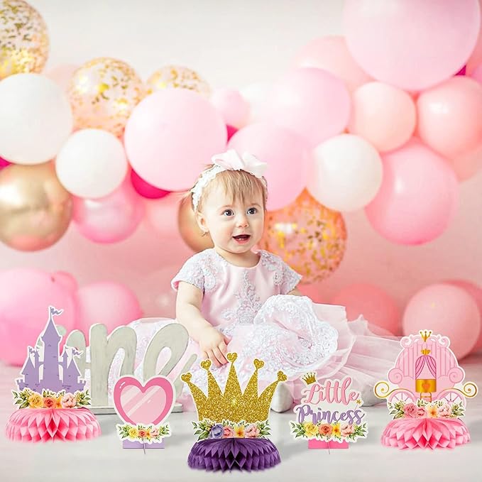 12Pcs Floral Princess Party Honeycomb Centerpieces Princess Theme Party Decorations Supplies Pink and Gold Castle Crown Carriage Baby Shower Birthday Table Toppers for Girls