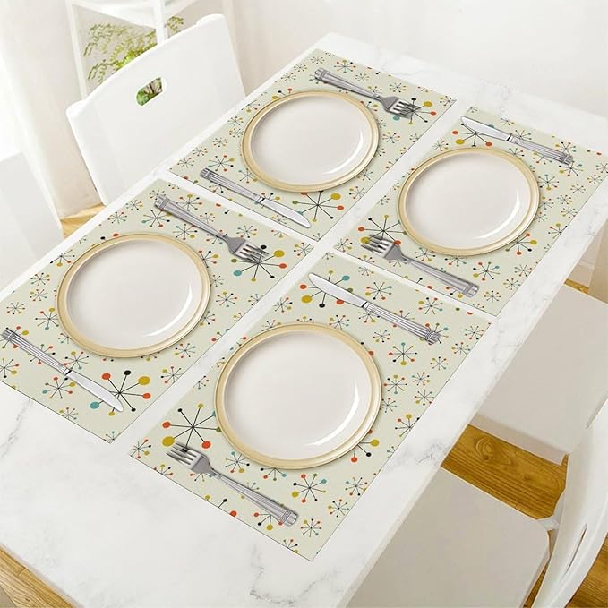 Mid Century Retro Placemats Set of 6 Yellow Kitchen Table Mats for Dining Farmhouse Holiday Home Decor,Linen Washable Place Mats 12x18 6 PCS, Style-18