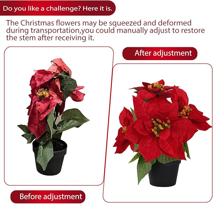 Poinsettias Flowers Artificial 2 Pack Red Faux Christmas Poinsettia Plant Small 11 Inch Winter Flowers for Home Office Table Decorations Indoor Xmas Ornament