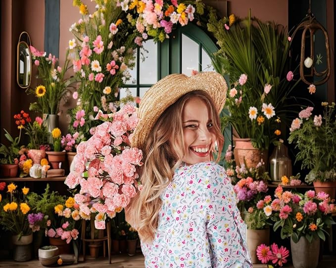 10x8ft Spring Flower Backdrop for Photography Indoor Blooming Flower Arch Wooden Door Floral Photo Background Video Photo Shoot Wedding Portrait Background Studio Photo Booth Props