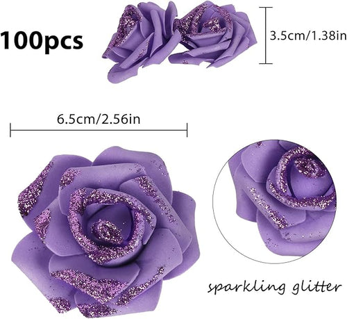 100pcs Purple Glitter Roses 2.56" Foam Glitter Flowers Fake Roses Purple Flowers Artificial Roses for Bridal Shower Centerpieces DIY Wedding Flower Floral Arrangements (Purple)