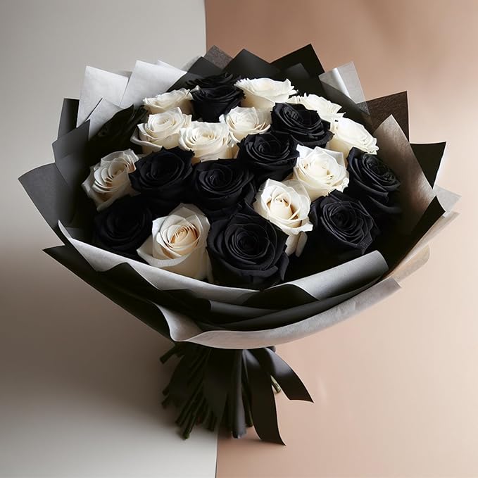 WRAPAHOLIC 20 Sheets Flower Wrapping Paper - 22.4 x 22.4 inch Black White Color Water-Resistant Floral Bouquet Wrapping Paper, Florist Supplies Packaging for Halloween Wedding Birthday Gift DIY