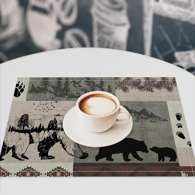 Retro Rustic Lodge Bears Placemats Set of 6, Vintage Cabin Pine Tree Farmhouse Country Style Place Mats, Heat Resistant Non Slip Cotton Linen Dining Table Mats for Home Kitchen 18x12 Inch