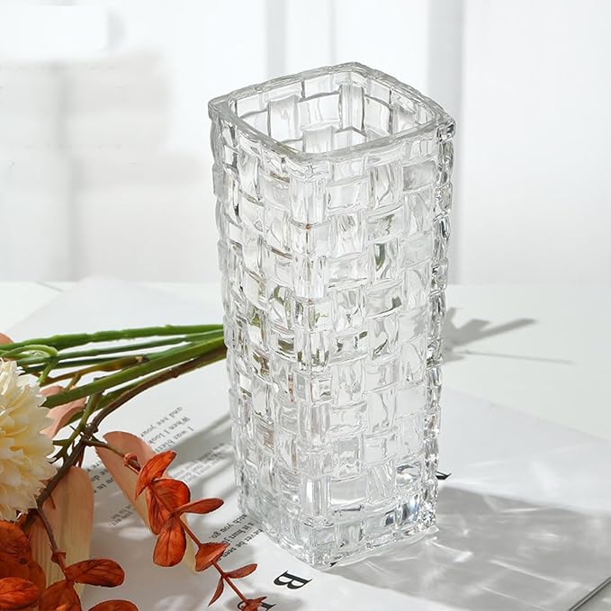 Clear Glass Vase for Flowers Square Embossed Rectangle 6in High Glass Bud Vases Small Vase for Flowers Plant Terrarium Candle Holder Water Glasses for Wedding Centerpiece Office Table, Rattan