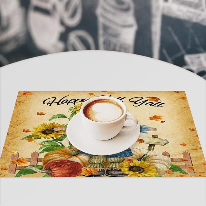 Autumn Scarecrow Placemats Farmhouse Rustic Vintage Brown Sunflower Pumpkin Flower Maple Thanksgiving Placemats Table Kitchen Dining Party 12x18 Inch Set of 4