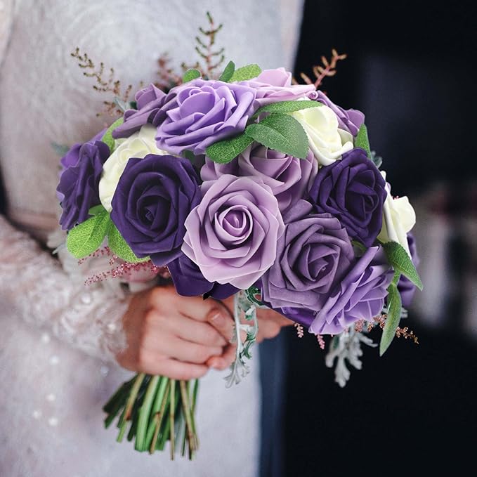 100 Pieces Artificial Foam Rose Flowers Faux Bouquet with Leaves and Stems for DIY Wedding Bouquets Centerpieces Bridal Shower Party Valentine Home Decorations(Shades of Lavender)