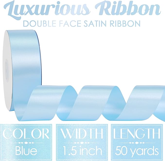 MEEDEE Blue Satin Ribbon 1-1/2 Inch Blue Ribbon Lux Double Faced Satin Ribbons by 50 Yards Polyester Satin Ribbons for Crafts, Weddings, Flower Bouquet, Holiday Decorating