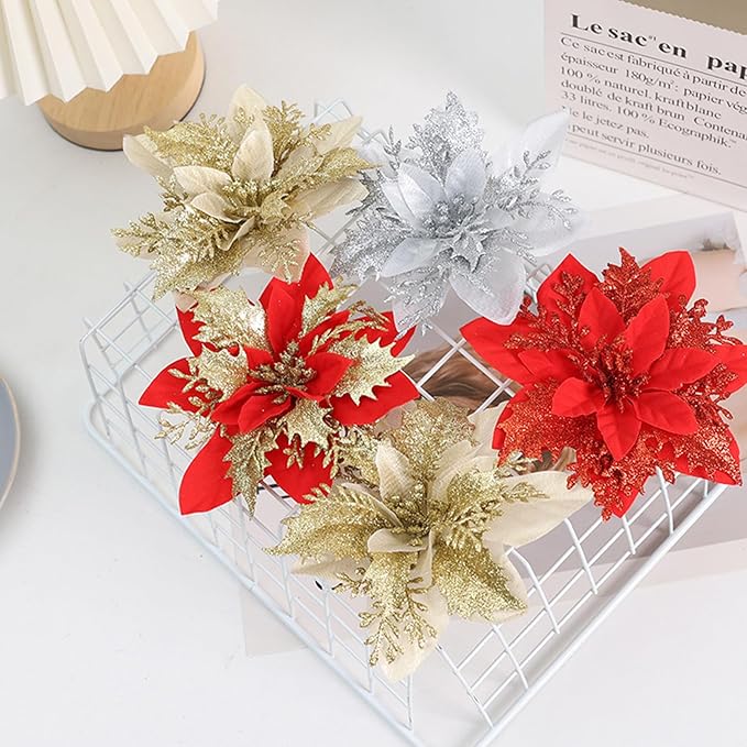 24 PCS Poinsettia Flower Artificial Gold Christmas Flowers Artificial 5.5'' Glitter Poinsettias Artificial Christmas Tree Flower with Clips DIY Xmas Wreath Holiday New Year Home Party Decor