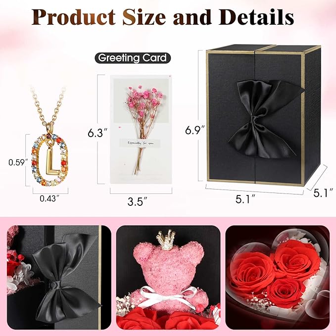 Cute Preserved Real Roses Bear Gift Box for Girlfriend with Initial Necklace L, Unique Birthday Gift for Mom, Her, Grandma, Anniversary Presents for Wife Women