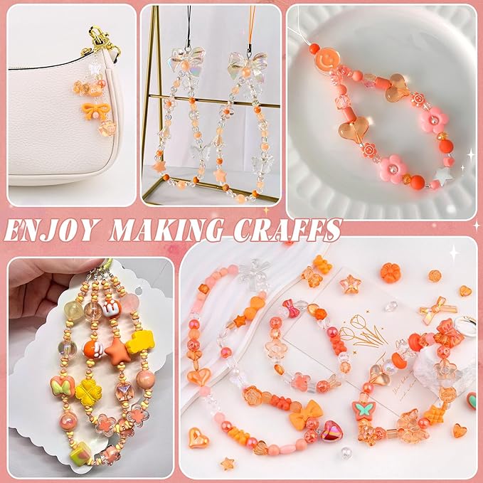 Assorted 200-260PCS Orange Acrylic Beads for Bracelet Making, Flower Bow Candy GummyBear Bracelet Charms,Cute Beads for Jewelry Making DIY Necklace Keychain Phone Charm Christmas Gift