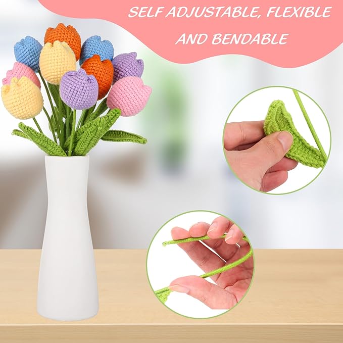 TLY 10 Pcs Crochet Tulips Flowers Artificial Flowers Bouquet Finished Handmade Knitted Tulip Bouquets with Leaf and Long Stem for Home Centerpieces Decor Valentine's Day Wedding Anniversary