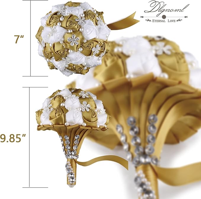 Handmade Wedding Flowers Bridal Bouquets Crystal Bride Holding Bouquet White Ivory Satin Roses with Diamond Pearl Ribbon.(Gold)