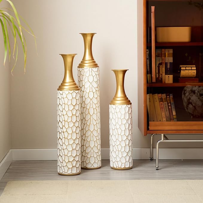 Floor Oversized Gold Metal Decorative Vase with 3D Triangle Pattern Set of 3 Large Vases for Home Living Room 33.5 ", 29.5 ", 25.2" High (Antique Gold+White)