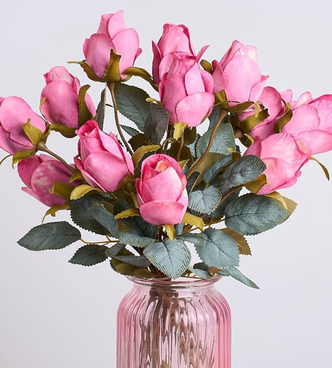 Rose Artificial Flower Buds 12pcs Realistic Faux Silk Roses Fake Flowers Bouquets Arrangements Decor for Wedding Spring Mother's Day, Home Table Decorations, Light Magenta Flower