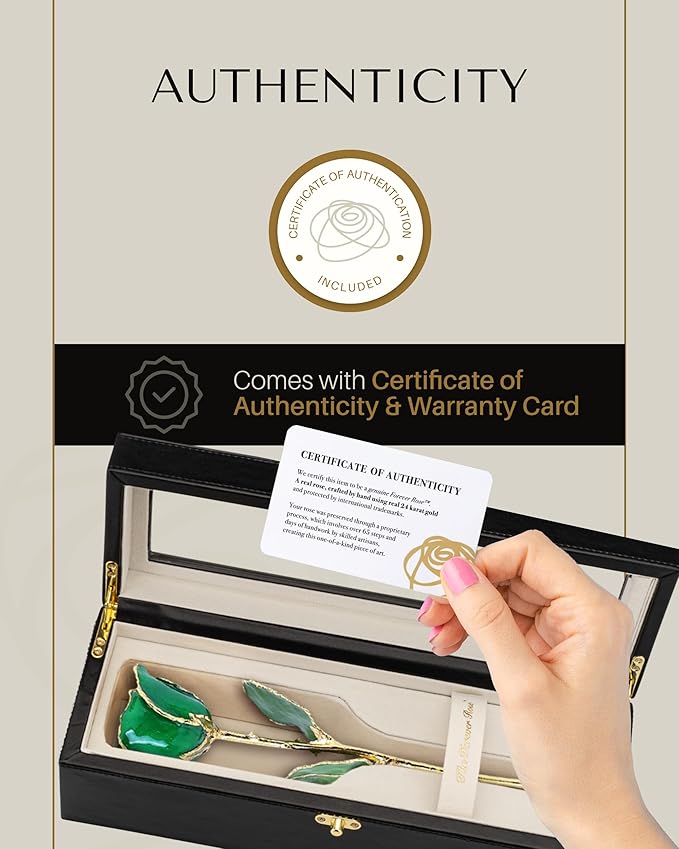 Forever Rose Hand-Dipped in 24K Gold, Emerald-Inspired May Birthstone with Sparkles, Real Rose in Leather Case with LED Light – Perfect Ready to Gift for May Birthday or Any Occasion