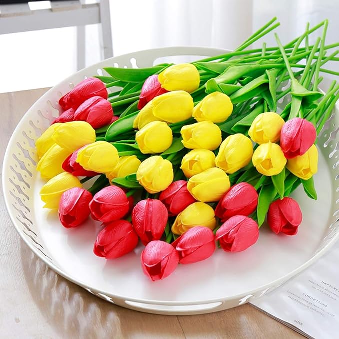 24pcs Multicolor Artificial Tulips Flowers Fake Faux PU Tulip Bouquet Real Touch Flower Arrangement for Home Room Office Party Wedding Decoration Excellent Gift Idea for Mothers Day