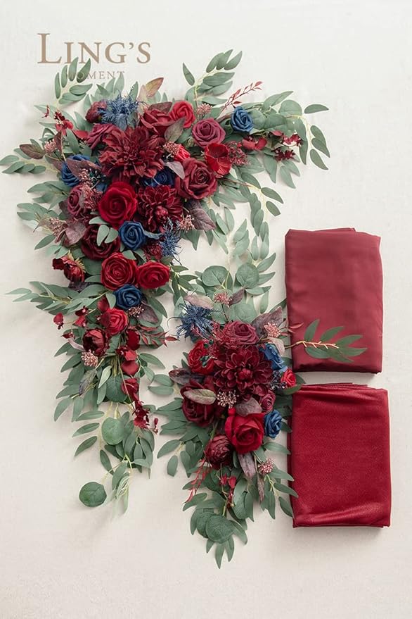 Ling's moment Burgundy Artificial Wedding Arch Flowers Kit Pack of 4, 2pcs Hanging Flower Arrangement 2pcs Chiffon Drapes Ceremony Reception Fake Rose Arbor Backdrop Floral Party Outdoor Decorations