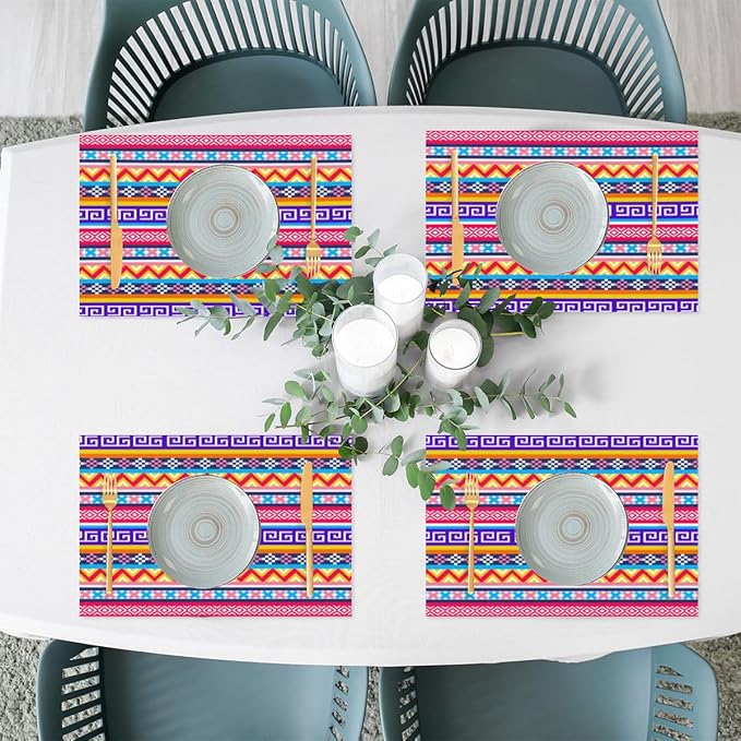 Aztec Rainbow Western Placemats Set of 4 PVC Vinyl Non Slip Table Mats Waterproof Heat Resistant Place Mats Washable Wipeable Dining Table Mat for Kitchen Party Indoor Outdoor Decorative