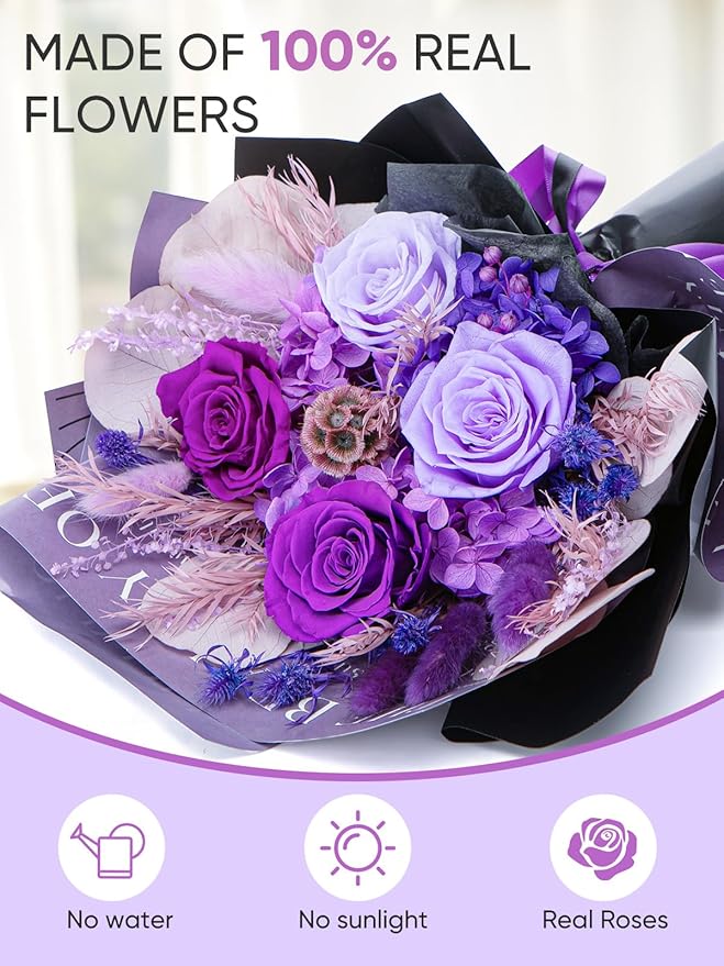 Flowers for Delivery Preserved Flower Fresh Bouquet Forever Flowers Birthday Gifts for Women Mom Anniversary Purple Real Rose Gifts for Grandma Sister Wife Her from Daughter Home Wedding Decor