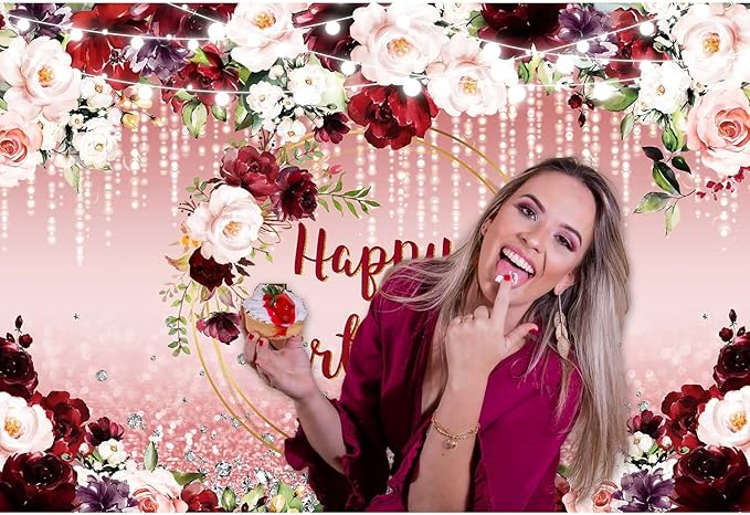 Sensfun Floral Happy Birthday Backdrop Burgundy Flowers Rose Gold Glitter Bokeh Spots Photo Background Vinyl Women Birthday Party Cake Table Decorations Photoshoot Banner (10x6.5ft)