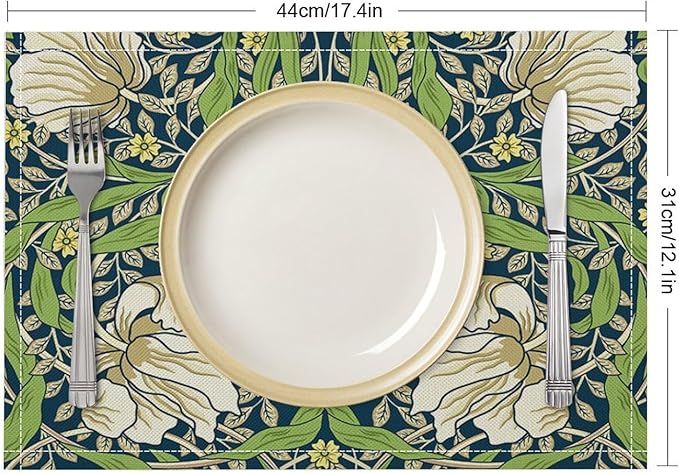 William Morris Flower Placemats Set of 6, Retro Boho Botanical Plant Place Mats, Heat Resistant Non Slip Cotton Linen Dining Table Mats for Home Kitchen Party 18x12 Inch