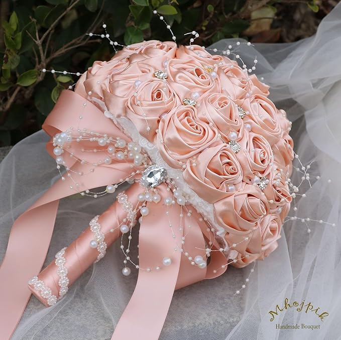 Bridal Wedding Bouquet Round Bling Brooch Bouquet Throw Toss Artificial Rose Flower Bunch for Bride Bridesmaid Wedding Quinceanera(Peach Pink, 7.5")