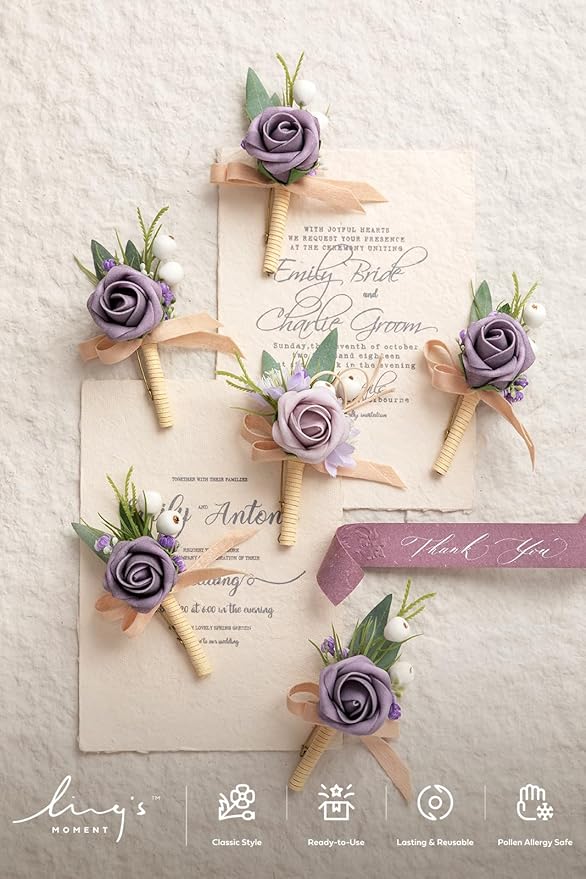 Ling's moment Boutonniere for Men, 6pcs Groom Groomsmen Boutonniere, Artificial Flowers for Wedding Decor/Prom/Homecoming, etc.Lilac Berry