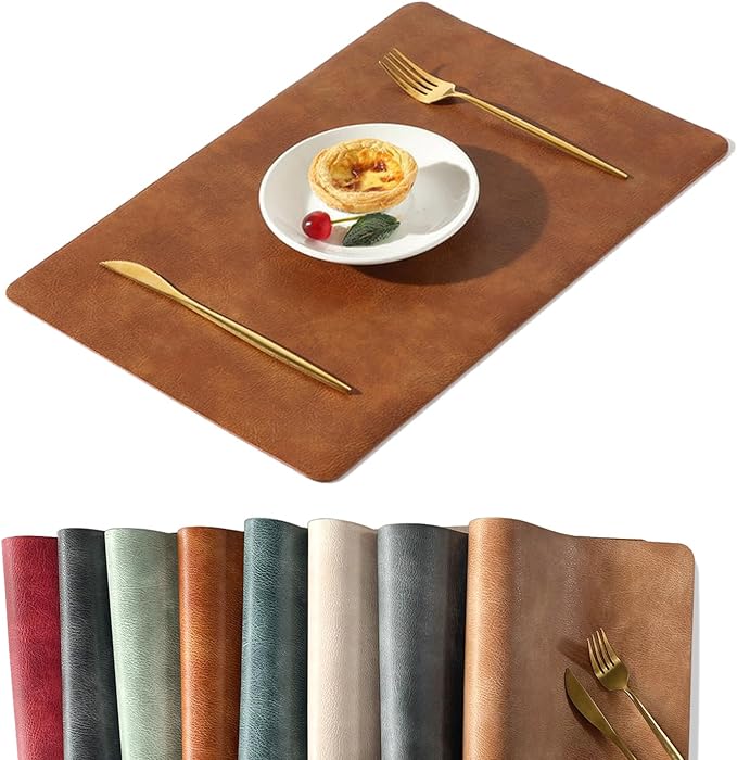UnivoColors Washed Cowhide Pattern PU Leather Placemats Set of 8 Heat Resistant Kitchen Table Mats, Waterproof Wipeable for Party Decoration(Reddish Brown)