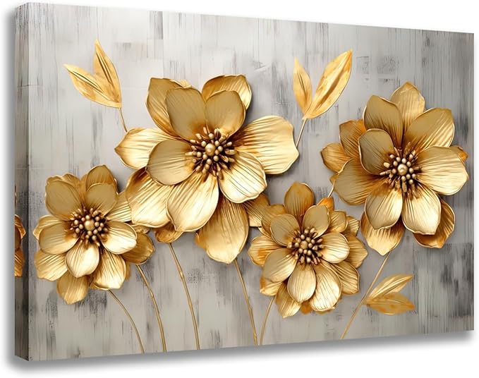 GLOKAKA Gold Metallic Flowers Print Wall Art Elegant Floral Flower Canvas on Grey Background Painting Picture Artwork for Living Room Bedroom Bathroom Decor (Gold Metallic Flowers, 30"x20")