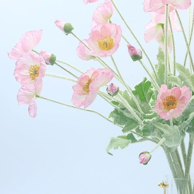 2 Pcs Artificial Fake Flowers Plants Poppies Silk Flower Arrangements Wedding Bouquets Decorations Plastic Floral Table Centerpieces for Home Kitchen Garden Party Decor Approx 23.6" High - Light Pink