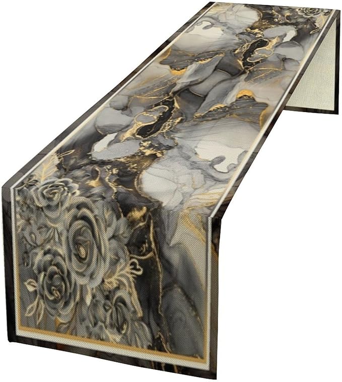 Grey Marble Flower Table Runner, Black Grey Marble Golden Veins Abstract White Natural Texture Floral Dinner Runner Table Decoration for Home Kitchen Dining Holiday Party 13x36in