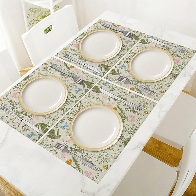 Botanical Placemats Set of 8, 17x12 Inch Butterfly Green Leaf Colorful Wildflower Vintage Rustic Style Table Mats for Home Party Kitchen Dining Decor