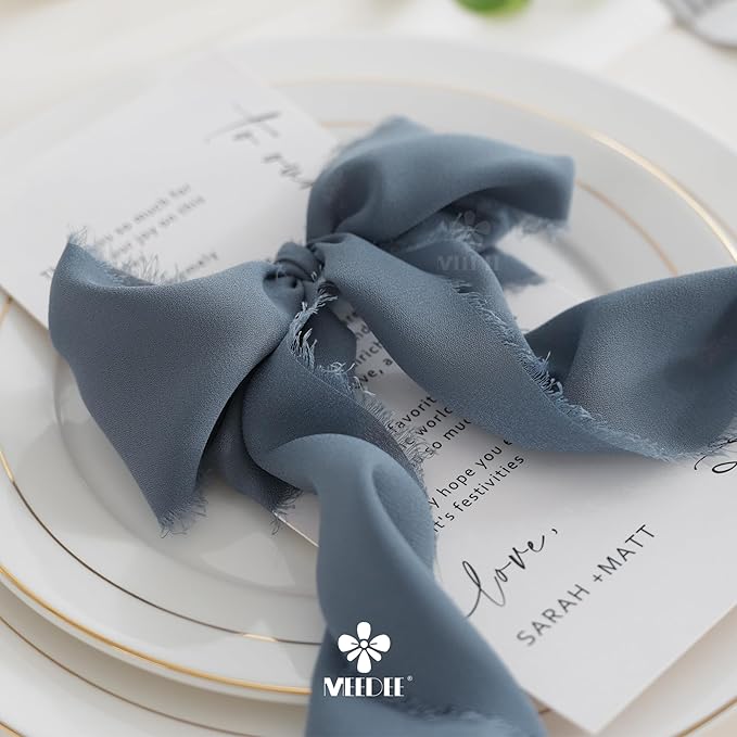 MEEDEE Dusty Blue Chiffon Ribbon 3 Inch Fringe Ribbons Slate Blue Chiffon Silk Frayed Edge Ribbon Wide Chiffon Ribbons for Crafts, Flower Bouquet, Wedding Favors Wrapping (2 Rolls 10 Yards)