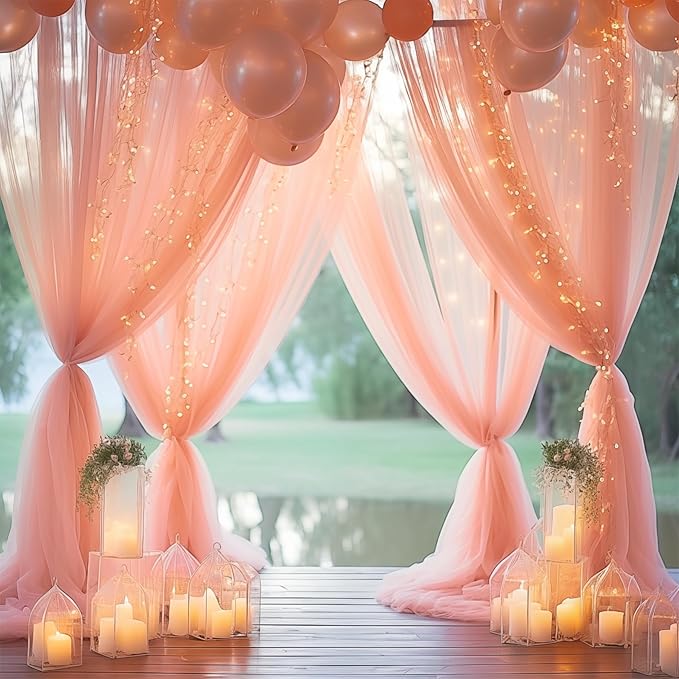 10ft x 10ft Peach Backdrop Curtain Panels with Lights String for Parties, Sheer Tulle Wedding Photo Backdrops Drapes for Baby Shower Birthday Party Decorations Background for Photography