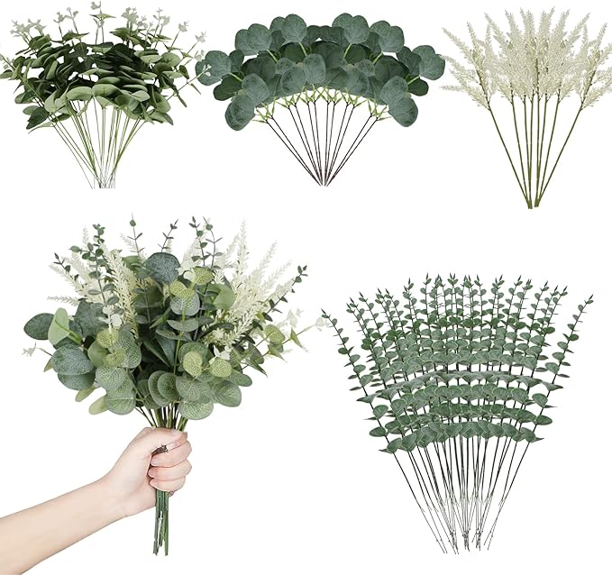 Artificial Eucalyptus Leaves Stems 120 Pcs 4 Kinds Mixed Fake Silver Dollar Eucalyptus Leaves Stem Bulk Faux Leaf for DIY Bouquets Floral Arrangement Wedding Home Decor