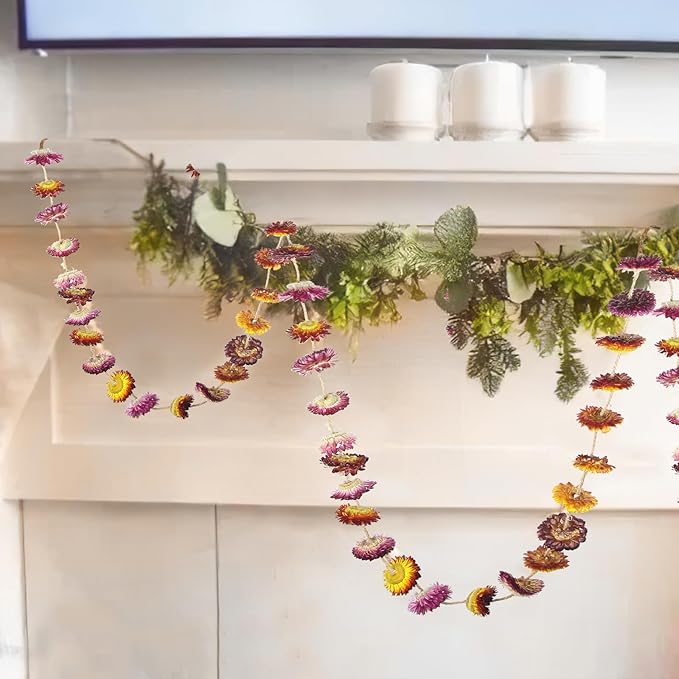 Dried Flowers Garland Real Daisy Sunflower Garlands 6.6ft Natural Dried Daisy Flowers Heads Gerbera Daisies Dry Flower Arrangements for Wedding Boho Decor Home Party Wall Hanging Decoration