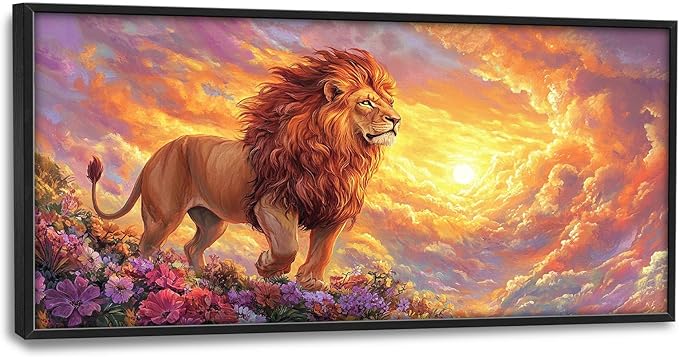 Lion Large Wall Art Animal Flower Pictures Wall Decor Sunset Floral Canvas Landscape Print Painting Modern Home Artwork Decoration for Bathroom Office Living Room Bedroom Framed 60"x30"