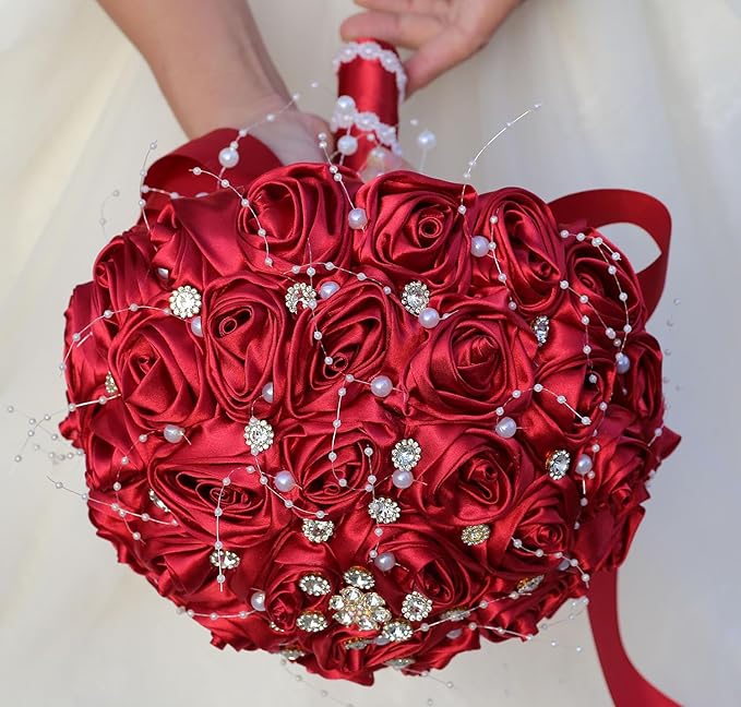 Bridal Wedding Bouquet Round Bling Brooch Bouquet Throw Toss Artificial Rose Flower Bunch for Bride Bridesmaid Wedding Quinceanera(Ruby Red, 9.8")