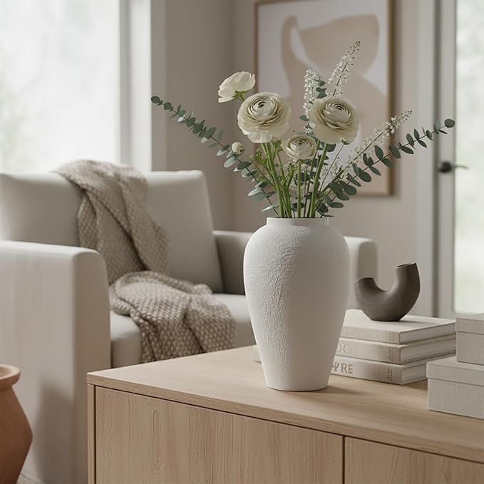 Vintage Ceramic Vase, Minimalist Texture Stone Patterned White Flower Vase, Decorative Vase for Living Room Shelf Farmhouse Dining Table Centerpiece Decor (White Texture 10.4'')